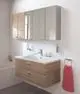 Badezimmermöbel mit Holzoberfläche, bestehend aus einem Waschbecken mit zwei Schubladen und einem Spiegelschrank von Ideal Standard. Handtuchhalter mit rotem Handtuch.